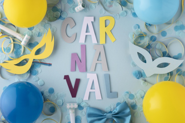 cartel letras carnaval con globos, mascaras, serpentinas y confeti.